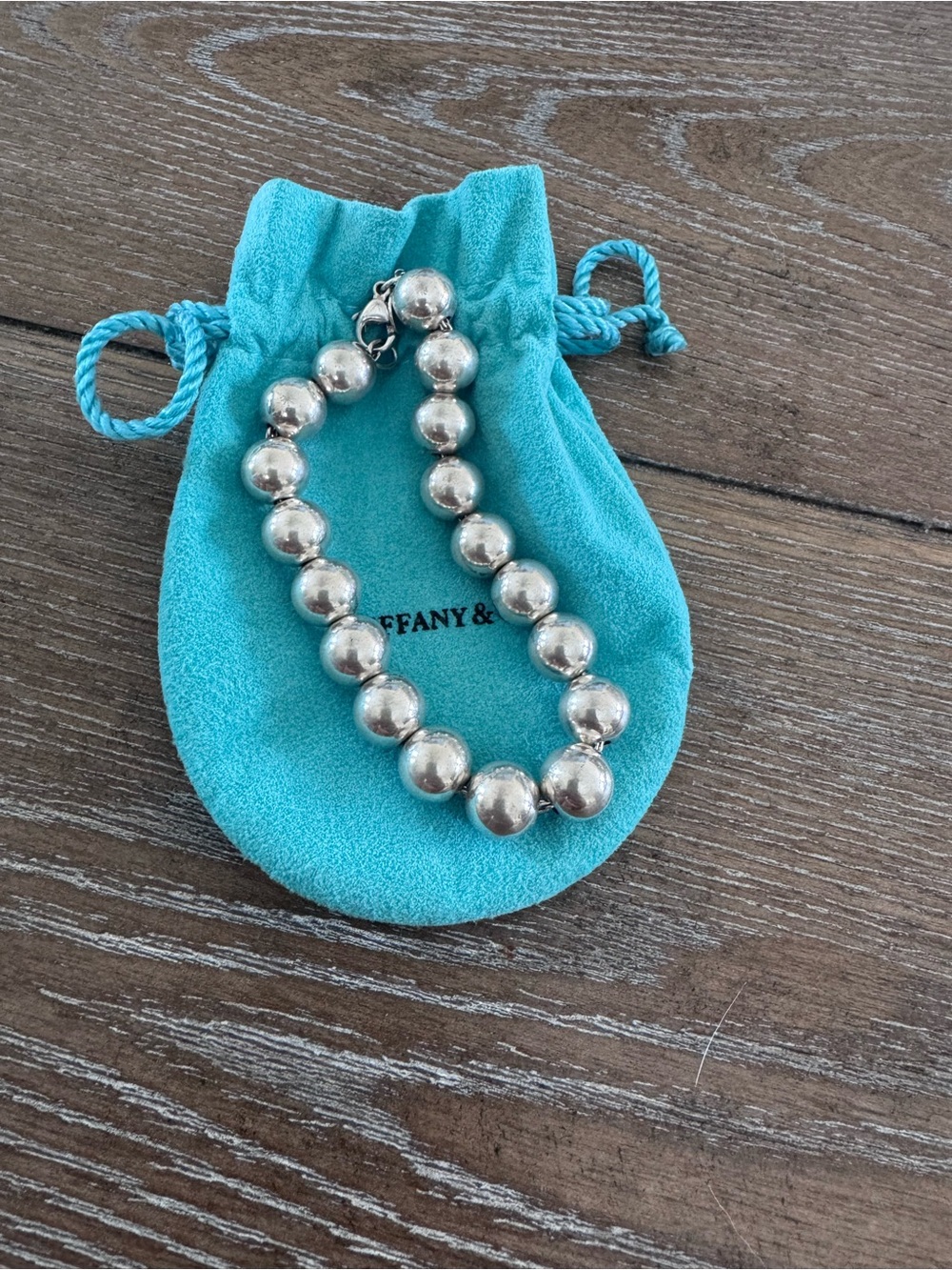 Tiffany & Co. Sterling Silver Bead Bracelet with Turquoise Pouch